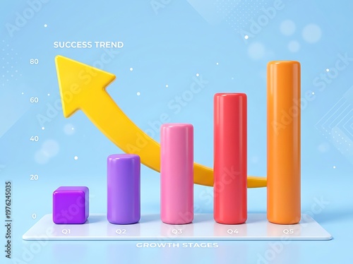 Colorful 3D bar chart showing growth stages with success trend arrow on light blue background with white dots