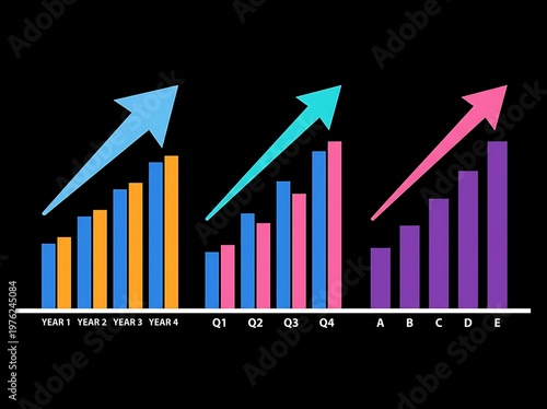 Colorful bar charts with arrows showing growth and statistics on black background  business and finance concept