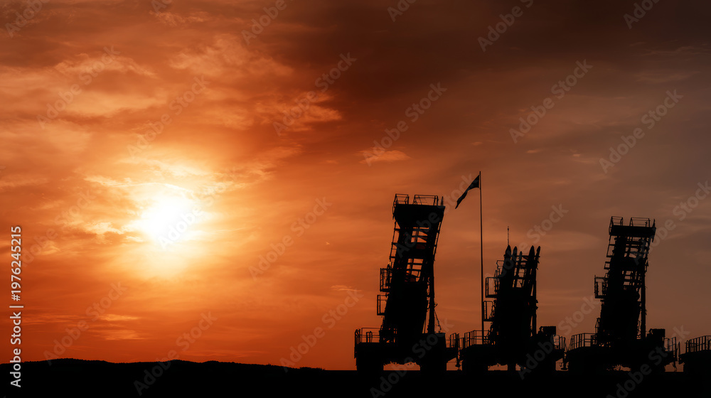 Obraz premium Missile defense system launchers standing against a vibrant sunset, a flag flying, conveying themes of geopolitical security and military strength