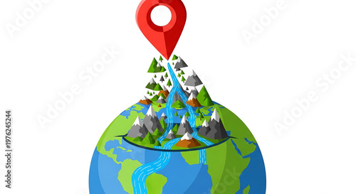 A colorful vector graphic illustration of a globe with a red location pin and a miniature mountainous landscape emerging from it.