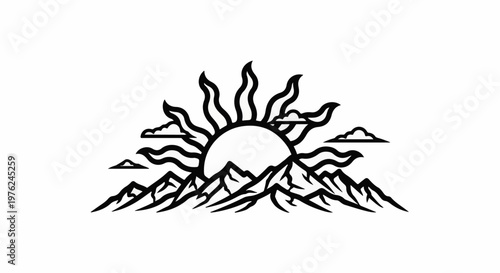 Stylized sun rising behind jagged mountains with clouds