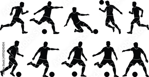 Collection of soccer player silhouettes, football athletes in action, kicking ball, running, dribbling, shooting, sport icons isolated on white background, vector