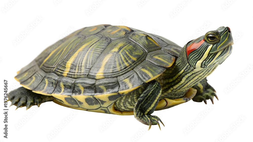 Fototapeta premium Detailed isolated red eared slider turtle with yellow green shell and orange markings walking on white background