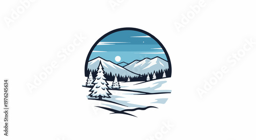 Stylized winter mountain landscape with snow-covered trees and a full moon