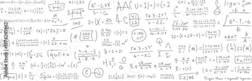 Hand drawn complex mathematical equations and formulas scattered across a white background mathematics