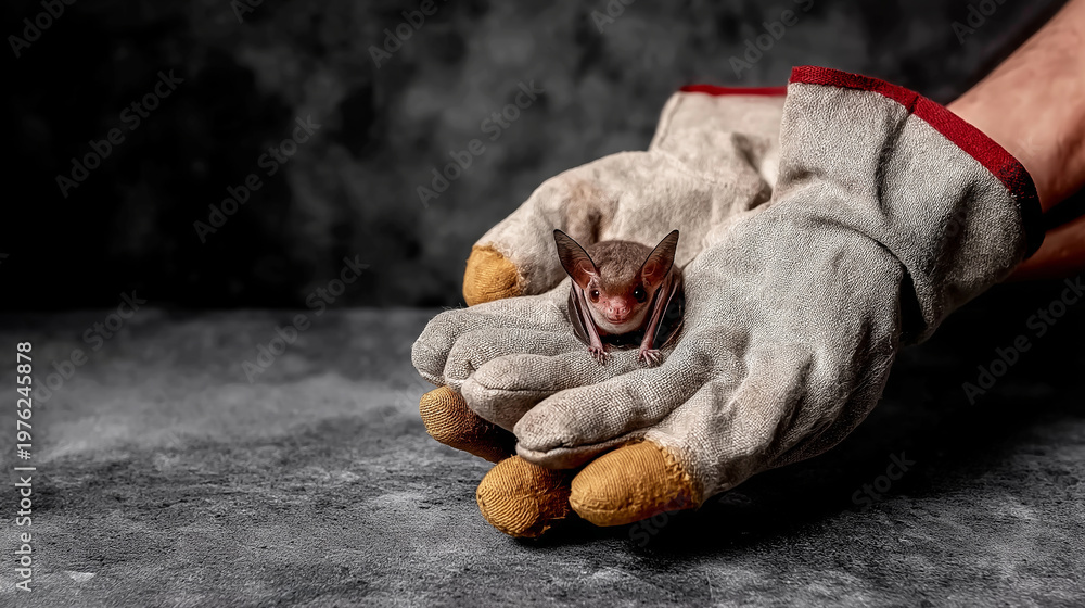 Obraz premium Person holding tiny bat in cupped protective gloves symbolizing wildlife rescue, conservation, and animal care