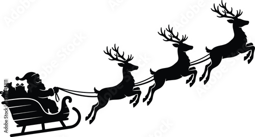 Santa Claus flying in a sleigh pulled by reindeer silhouette isolated on white background for Christmas and holiday season design