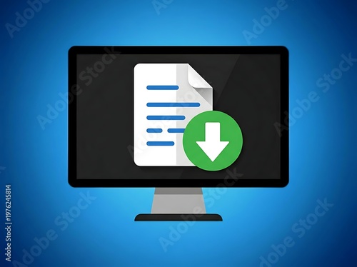 Computer monitor with document on screen and green download button  technology concept
