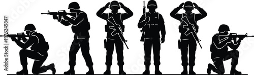 Silhouette military soldiers team aiming rifles saluting standing formation tactical combat army black isolated background security defense concept training mission