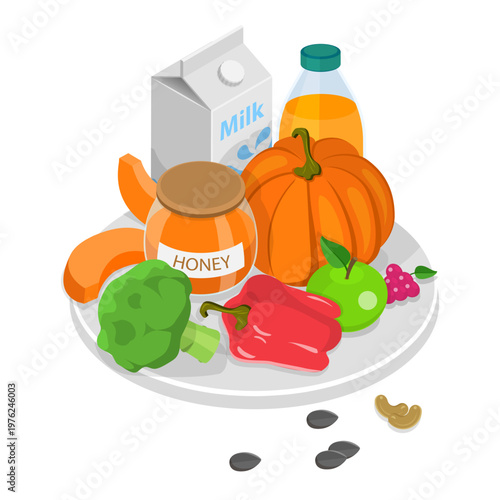 3D Isometric Flat Vector Set of Vegetarian Food Plates, Organic Grocery Products. Item 5