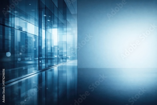 Glass office corridor with reflections on blue background