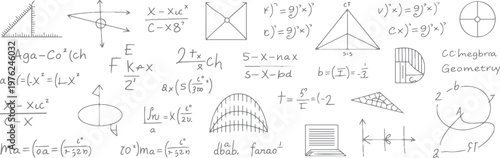 Hand drawn mathematical equations geometric shapes and scientific formulas on white background mathematics 1