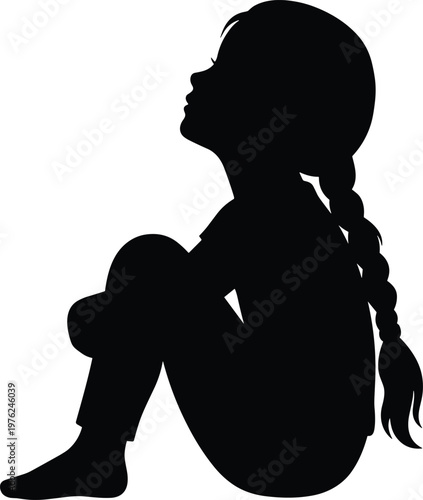 Silhouette of young girl sitting profile view isolated on white background, thoughtful child, calm pose, childhood concept, innocence, quiet moment