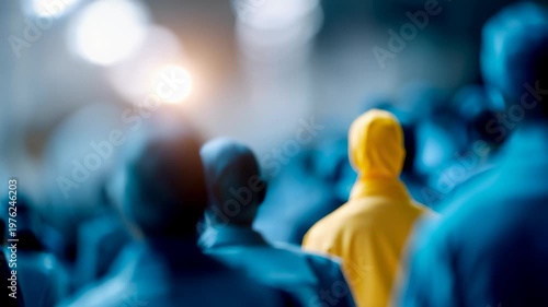 Conceptual crowd scene with a yellow hooded figure standing out among blurred blue people in soft light