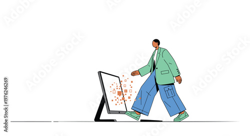 Minimalist vector illustration, man walking away, shattered screen, digital break, green jacket