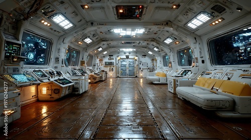 Futuristic spacecraft interior with panels and glowing lights high resolution picture