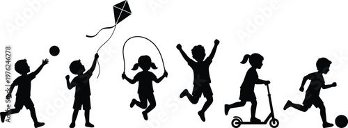 Silhouettes of happy children playing, jumping, flying kite, skipping rope, riding scooter, playing soccer ball, active kids, childhood, isolated on white