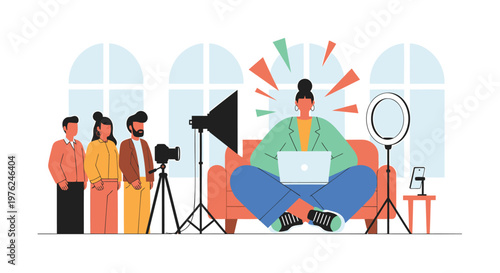 Content creators team, social media influencer, recording video, photography studio setup, online broadcasting