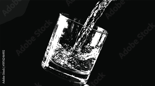 Water pouring into a glass on black background, high contrast black and white splash, liquid motion, fresh drink, beverage illustration