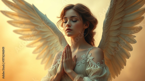 A cinematic portrait of an angel praying with closed eyes, set against a soft light yellow and orange backdrop, blending art nouveau and celestial aesthetics with a cosmic vibe, nostalgic beauty