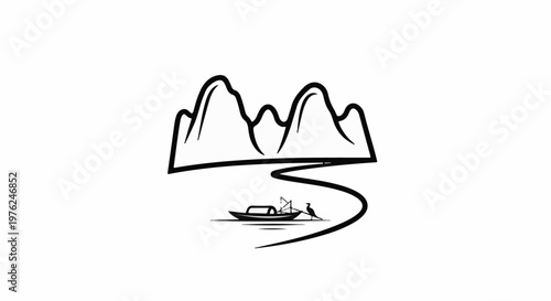 Stylized mountains overlook a river with a boat and bird