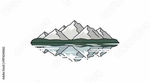 Stylized mountains reflected in water create a surreal floating island effect