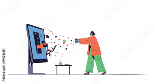 Flat design illustration, man watching TV, colorful graphics exploding, modern living room