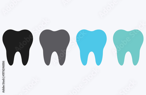 Four stylized teeth icons in a row showcasing a gradient from black to grey to bright blue and turquoise representing dental health concepts like decay treatment and whitening 