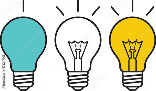 Three stylized light bulbs one solid turquoise and two outlined with glowing yellow filaments arranged horizontally against a transparent background symbolizing ideas innovation and creativity