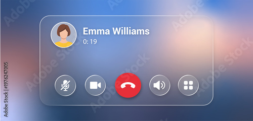 Glassmorphism video call UI with user avatar and call control icons on blue gradient background, incoming call screen and audio call interface mockup
