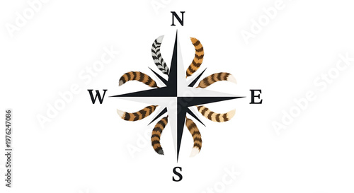A vector graphic of a decorative compass with feathers and stripes on a white background