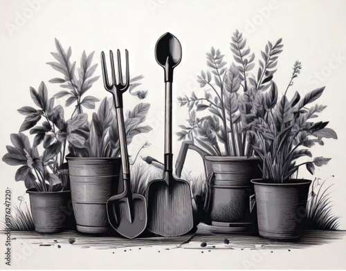 Gardening tools and potted plants arranged together.