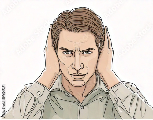 Man Covering Ears Frustrated Expression.