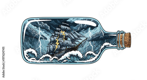 A dramatic vector illustration of a ship in a stormy sea inside a glass bottle with a cork stopper
