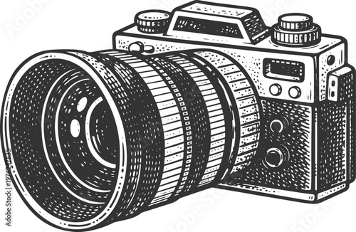 Vintage Camera with Lens Engraving Photography Illustration