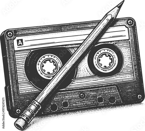 Vintage Cassette Tape with Pencil Engraving Retro Music Illustration