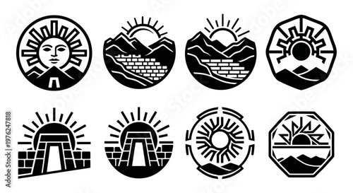 Andean ritual object icon set with bowl cup altar and woven tools