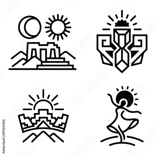 Andean ceremonial icon set with crown fire altar and sacred drum