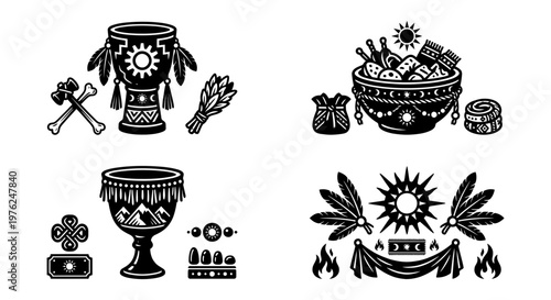 Andean emblem set with condor fire altar dance and mountain shield
