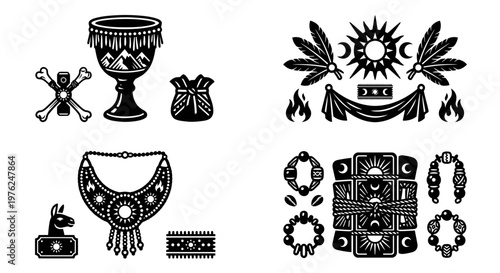 Andean travel icon set with puma temple bell and sacred motifs