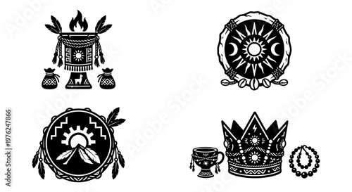 Andean feast and ritual icon set with bowls chalice and sun banner
