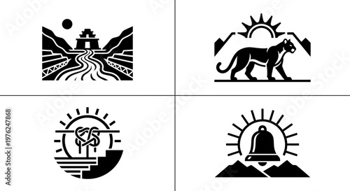 Andean heritage line icon set with temple sun and dance symbols