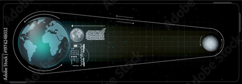 High tech digital display of space travel between Earth and another planet. The futuristic design shows a teal globe, orbital paths, and data on a dark starry background. A sci fi UI concept