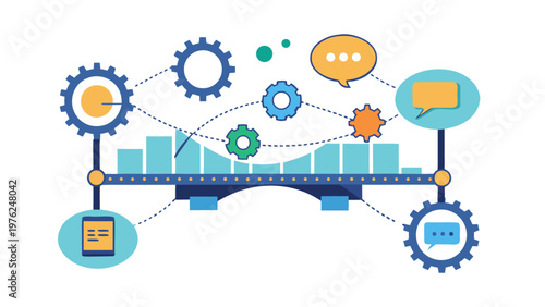 Flat vector illustration of a bridge built from interconnected puzzle pieces. Concept of business collaboration, teamwork, finding solutions, partnership, and overcoming obstacles to success.