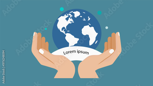 Minimalist flat vector illustration of two hands holding the Earth globe. Concept of environmental protection, global sustainability, world peace, eco-friendly lifestyle, and save the planet.