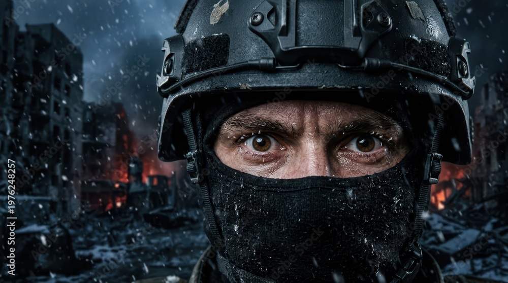 Obraz premium Intense Soldier Portrait in War-Torn Urban Environment with Smoke
