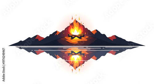 A vibrant vector graphic illustration of a stylized mountain range with a fiery volcano and its reflection in calm water