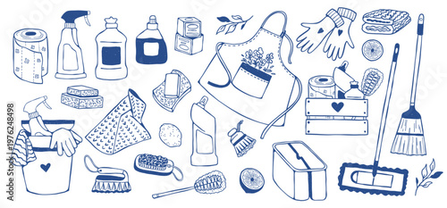 Hand drawn doodle set of cleaning tools and supplies, apron, bucket, spray bottles, brushes. Collection vector sketch elements with pencil textured for home care design, housekeeping branding, prints