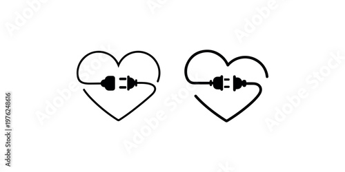 Heart shape electric plug and socket icon set, connection and love concept, romantic relationship vector illustration