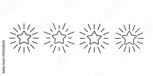 Four stylized stars with radiating light lines on white background symbolizing excellence or achievement